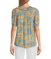Intro Petite Size Crinkle Gauze Printed Scoop Neck Elbow Sleeve Button-Front Peasant Top