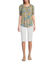 Intro Petite Size Crinkle Gauze Printed Scoop Neck Elbow Sleeve Button-Front Peasant Top