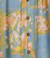 Intro Petite Size Crinkle Gauze Printed Scoop Neck Elbow Sleeve Button-Front Peasant Top