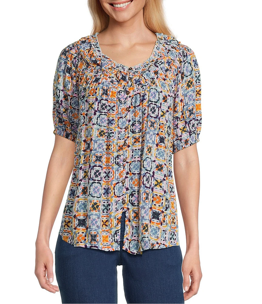 Intro Petite Size Crinkle Gauze Abstract Tile Printed Scoop Neck Elbow Sleeve Button Front Peasant Top