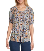 Intro Petite Size Crinkle Gauze Abstract Tile Printed Scoop Neck Elbow Sleeve Button Front Peasant Top