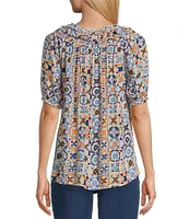 Intro Petite Size Crinkle Gauze Abstract Tile Printed Scoop Neck Elbow Sleeve Button Front Peasant Top