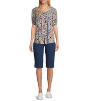 Intro Petite Size Crinkle Gauze Abstract Tile Printed Scoop Neck Elbow Sleeve Button Front Peasant Top