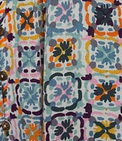 Intro Petite Size Crinkle Gauze Abstract Tile Printed Scoop Neck Elbow Sleeve Button Front Peasant Top