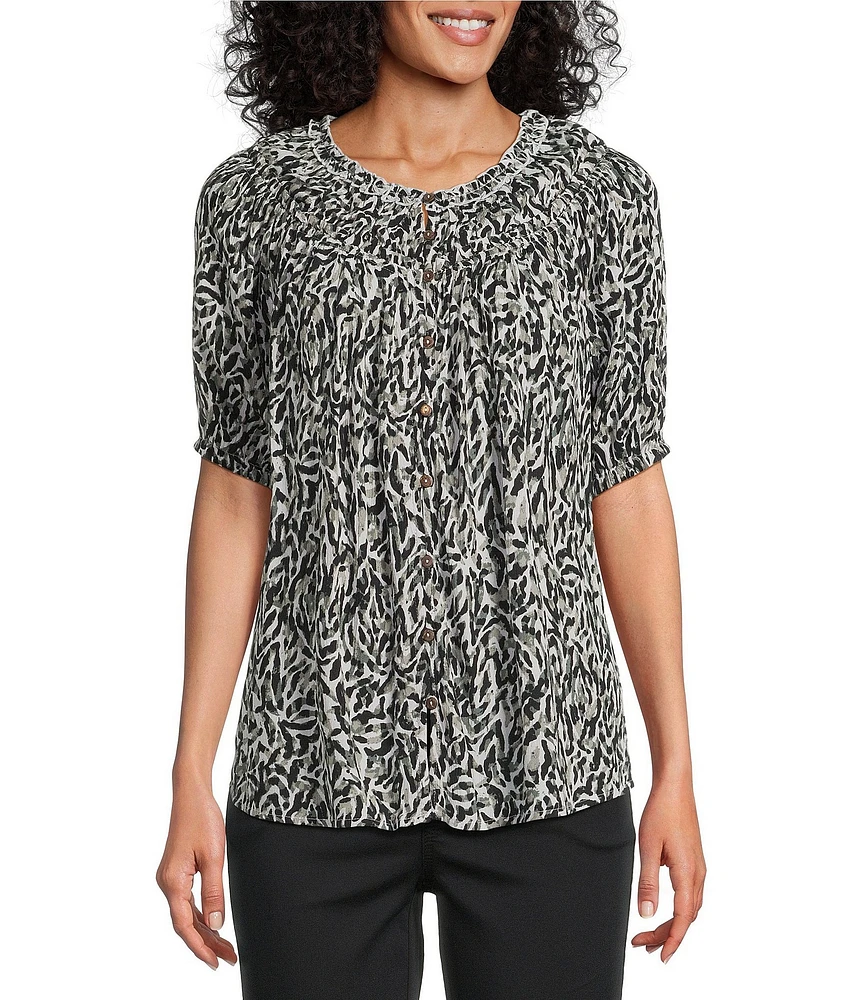 Intro Petite Size Crinkle Gauze Abstract Printed Scoop Neck Elbow Sleeve Button Front Peasant Top