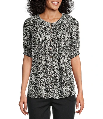 Intro Petite Size Crinkle Gauze Abstract Printed Scoop Neck Elbow Sleeve Button Front Peasant Top
