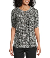 Intro Petite Size Crinkle Gauze Abstract Printed Scoop Neck Elbow Sleeve Button Front Peasant Top