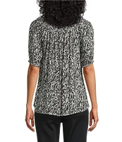 Intro Petite Size Crinkle Gauze Abstract Printed Scoop Neck Elbow Sleeve Button Front Peasant Top