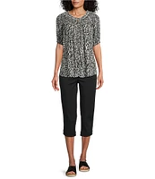 Intro Petite Size Crinkle Gauze Abstract Printed Scoop Neck Elbow Sleeve Button Front Peasant Top