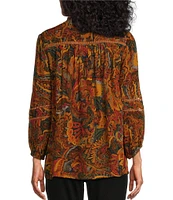 Intro Petite Size Crinkle Gauze Tapestry Print Split V-Neck 3/4 Sleeve Lace Inset Pleated Peasant Top