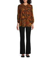 Intro Petite Size Crinkle Gauze Tapestry Print Split V-Neck 3/4 Sleeve Lace Inset Pleated Peasant Top