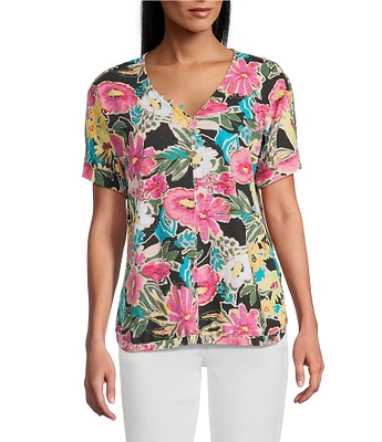 Intro Petite Size Floral V-Neck Short Sleeve Tee
