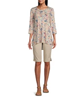 Intro Petite Size Heatseal Trim Side Hem Embellished Tummy Panel Mid Rise Bermuda Skimmer Shorts