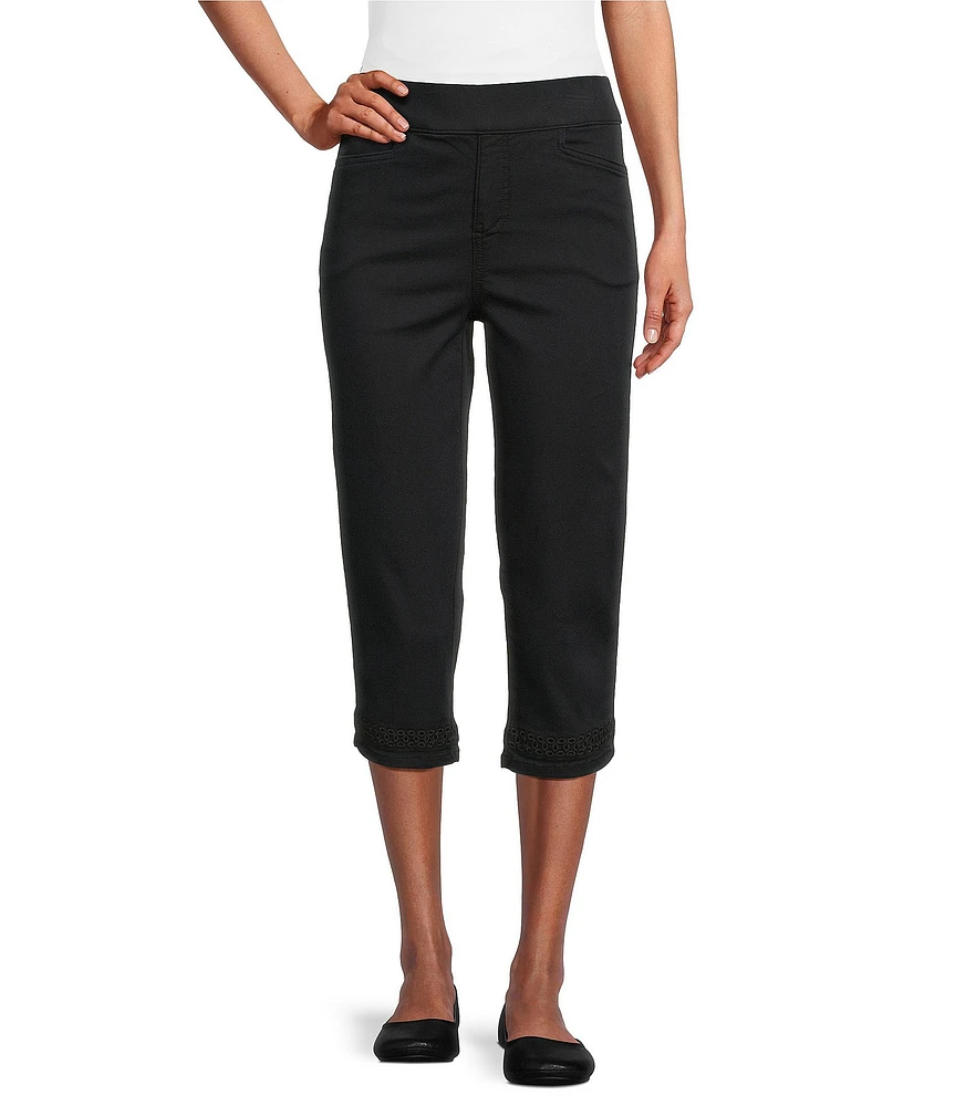 Intro Petite Size Iris Embroidered Hem Capri Pull-On Pants