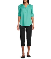 Intro Petite Size Iris Embroidered Hem Capri Pull-On Pants