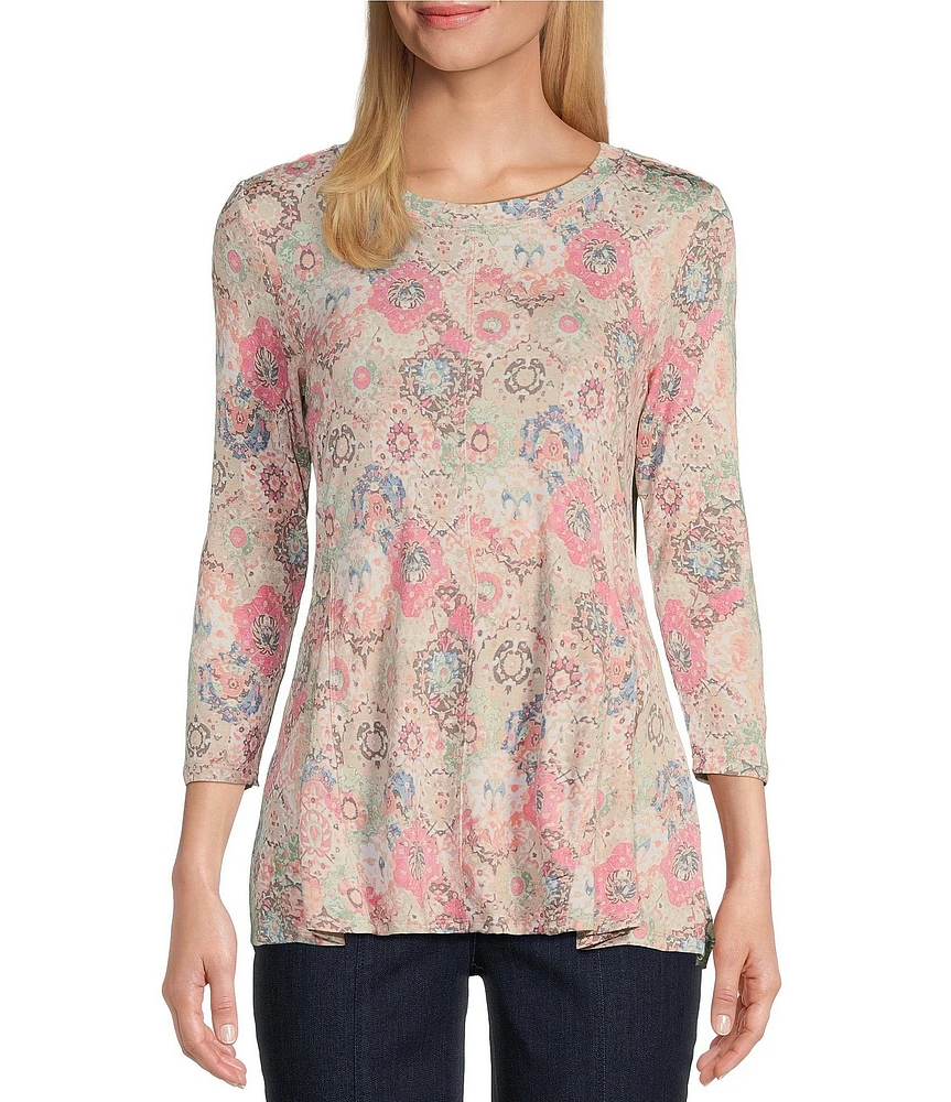 Intro Petite Size Knit Jersey Sand Geometric Print Scoop Neck 3/4 Sleeve Flare Hem Top