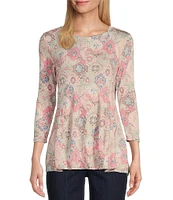 Intro Petite Size Knit Jersey Sand Geometric Print Scoop Neck 3/4 Sleeve Flare Hem Top