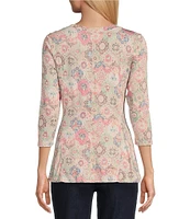 Intro Petite Size Knit Jersey Sand Geometric Print Scoop Neck 3/4 Sleeve Flare Hem Top