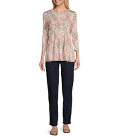 Intro Petite Size Knit Jersey Sand Geometric Print Scoop Neck 3/4 Sleeve Flare Hem Top