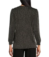 Intro Petite Size Lurex Knit Metallic Scoop Neck Long Sleeve Top