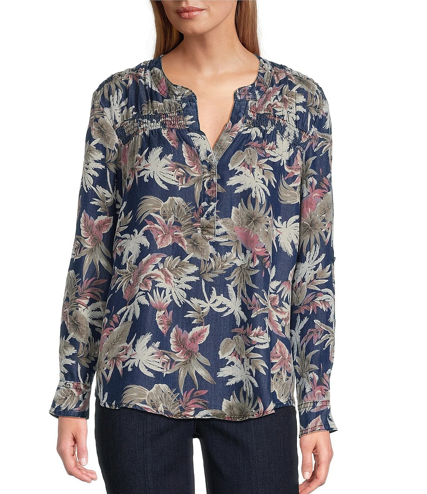 Intro Petite Size Lyocell Slub Dark Wash Pal Print Y-Neck Long Roll-Tab Sleeve Shirttail Hem Blouse