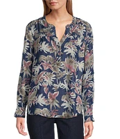 Intro Petite Size Lyocell Slub Dark Wash Pal Print Y-Neck Long Roll-Tab Sleeve Shirttail Hem Blouse