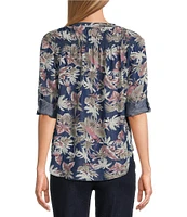 Intro Petite Size Lyocell Slub Dark Wash Pal Print Y-Neck Long Roll-Tab Sleeve Shirttail Hem Blouse