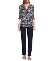 Intro Petite Size Lyocell Slub Dark Wash Pal Print Y-Neck Long Roll-Tab Sleeve Shirttail Hem Blouse
