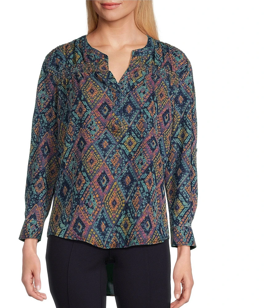 Intro Petite Size Lyocell Slub Geo Multi Print Y-Neck Long Roll-Tab Sleeve Shirttail Hem Blouse