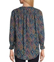 Intro Petite Size Lyocell Slub Geo Multi Print Y-Neck Long Roll-Tab Sleeve Shirttail Hem Blouse