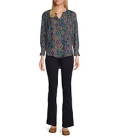 Intro Petite Size Lyocell Slub Geo Multi Print Y-Neck Long Roll-Tab Sleeve Shirttail Hem Blouse