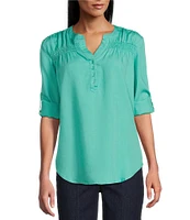 Intro Petite Size Lyocell Slub Long Roll-Tab Sleeve Shirred Popover Top
