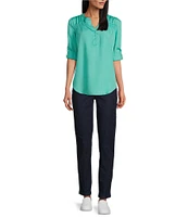 Intro Petite Size Lyocell Slub Long Roll-Tab Sleeve Shirred Popover Top
