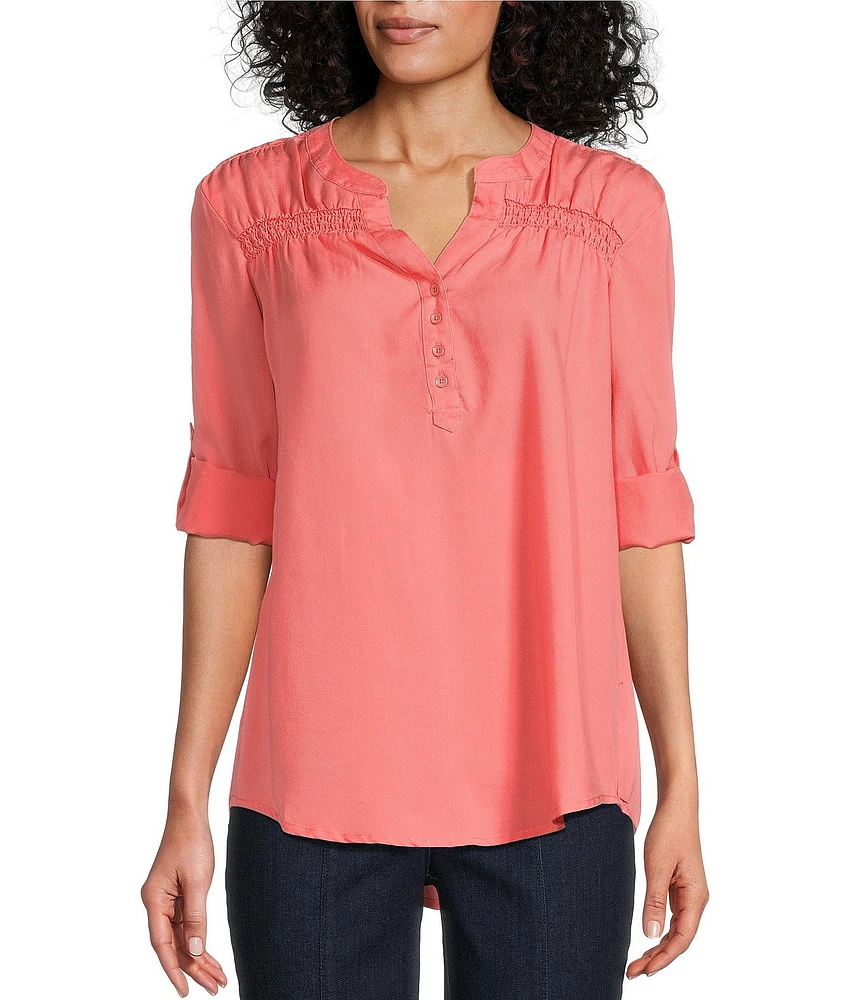 Intro Petite Size Lyocell Slub Long Roll-Tab Sleeve Shirred Popover Top