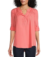 Intro Petite Size Lyocell Slub Long Roll-Tab Sleeve Shirred Popover Top