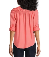 Intro Petite Size Lyocell Slub Long Roll-Tab Sleeve Shirred Popover Top