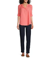 Intro Petite Size Lyocell Slub Long Roll-Tab Sleeve Shirred Popover Top