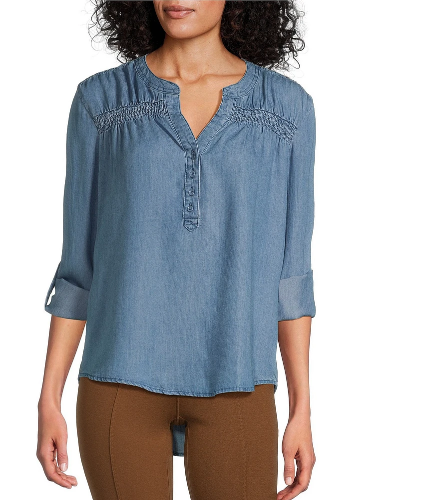 Intro Petite Size Lyocell Slub Shirred Yoke Long Roll-Tab Sleeve Shirred Popover Top
