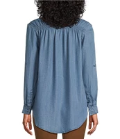 Intro Petite Size Lyocell Slub Shirred Yoke Long Roll-Tab Sleeve Shirred Popover Top