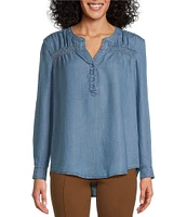 Intro Petite Size Lyocell Slub Shirred Yoke Long Roll-Tab Sleeve Shirred Popover Top