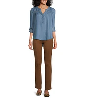 Intro Petite Size Lyocell Slub Shirred Yoke Long Roll-Tab Sleeve Shirred Popover Top