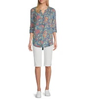 Intro Petite Size Rivet Trim Flower Skimmer Denim Pull-On Shorts
