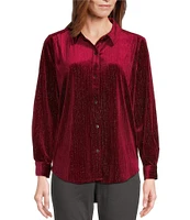 Intro Petite Size Soft Velvet Lurex Point Collar Long Sleeve Shirttail Hem Button Front Shirt