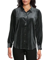 Intro Petite Size Soft Velvet Lurex Point Collar Long Sleeve Shirttail Hem Button Front Shirt