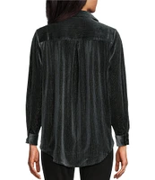 Intro Petite Size Soft Velvet Lurex Point Collar Long Sleeve Shirttail Hem Button Front Shirt