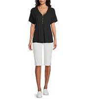 Intro Petite Size Solid V-Neck Short Sleeve Tee