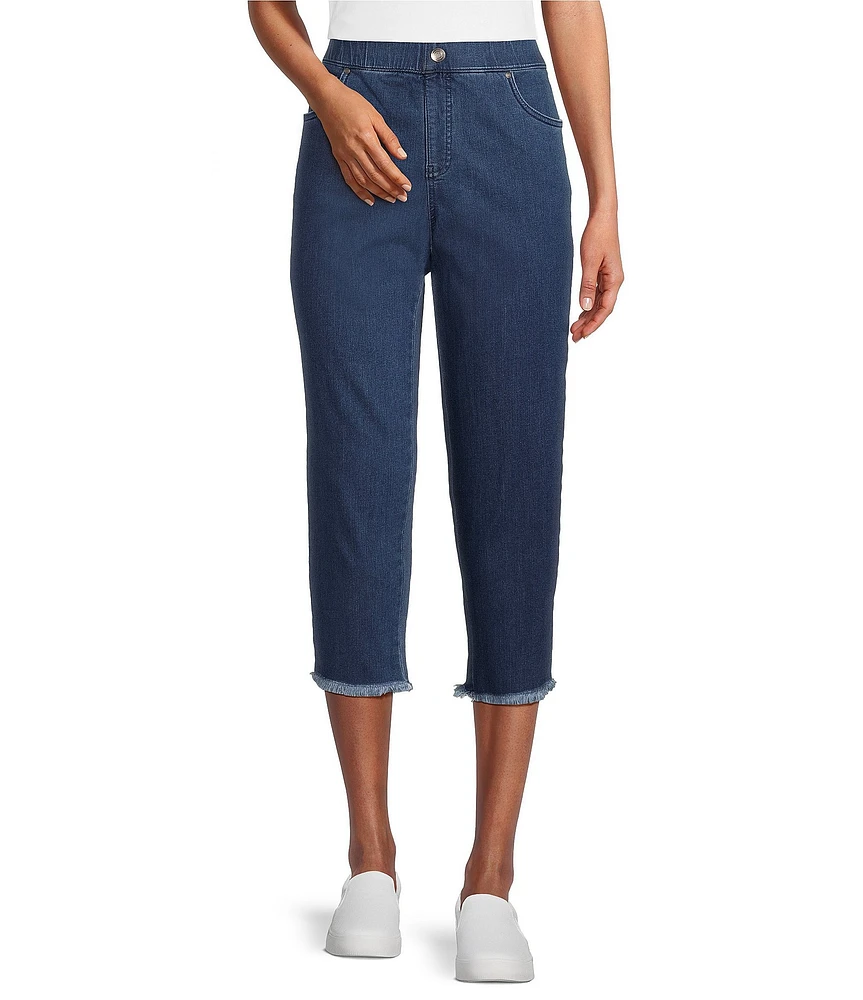 Intro Petite Size Straight Slim Leg Frayed Hem Capri Pull-On Pants