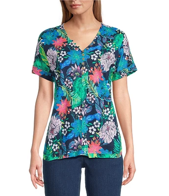 Intro Petite Size Tropic Botanical V-Neck Short Sleeve Tee