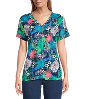 Intro Petite Size Tropic Botanical V-Neck Short Sleeve Tee