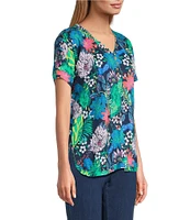 Intro Petite Size Tropic Botanical V-Neck Short Sleeve Tee
